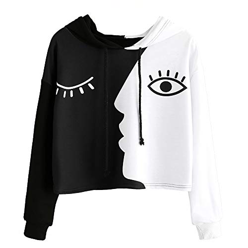 POQOQ Tops Women Sweatshirt Hooded Long Sleeve Crop Patchwork Blouse Pullover