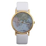 HACBIWA Global Fashion Unisex Men Women Lady Girls World Map White Leather Alloy Analog Quartz watches