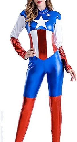 V17 Women Halloween Captain America Costume Cosplay Adult Female Superhero Jumpsuit (L, Blue)