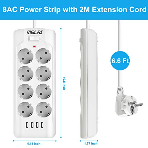 MBLAI Steckdosenleiste,Mehrfachsteckdose (3000W/13A) mit 8 Fach und 4 USB, mit Überspannungsschutz 2M Kabel EU-Steckdose Überlastschutz Steckdosenleiste für die Home Office Weiß