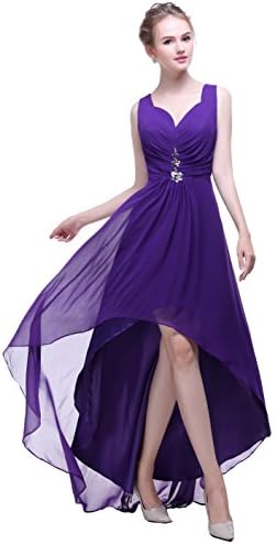 Bislu V Neck Chiffon High Low Bridesmaid Evening Gowns Prom Dress Dark Purple 10