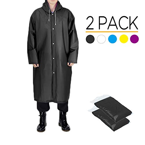 Opret Portable EVA Raincoats for Adults, Reusable Rain Ponchos with Hoods and Sleeves Lightweight Raincoats, Perfect for Outdoor Activities, 2 Pack, Black