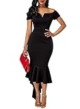 Ebbizt Womens Juniors Fashion 2017 Off Shoulder V Neck High Low Bodycon Mermaid Prom Evening Party Midi Dress Black Large