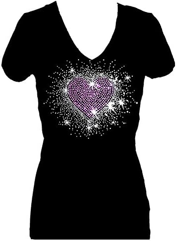 Rockeroo BoutiquePink Heart Burst Valentines Rhinestone Womens V Neck Short Sleeve Tee Shirt