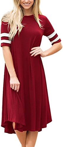 SOLO POP Women's A-Line Causal Crewneck T-Shirt Midi Dress Short Sleeve Long Dress(Red,S)