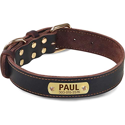 Taglory Personalized Leather Dog Collar, Heavy Duty Custom ID Dog Collar, Black Soft Thick Leather,Engraved Nameplate for Large Dogs