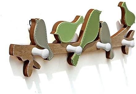 Yoka Wall Mounted Woody Birds On Branch Hanger With 4 Hooks Decorative Wood Wall Hook Rack 18.89"x4.72"x1.65“” Hat Coat Door Clothes Rack Decoration (Green)