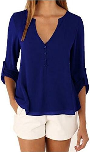 New Arrival 2016 Spring Summer Women's Chiffon Blouses V-neck Long Sleeve Button Shirt Sexy Loose Women Tops (M, Blue)