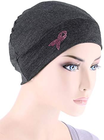 Breast Cancer Awareness Soft Comfy Chemo Cap Hat with Pink Ribbon Metallic Rhinestud