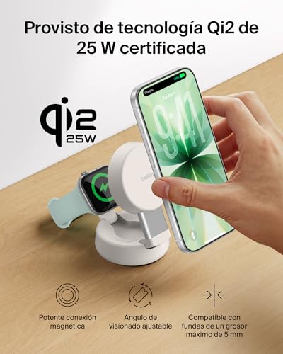UltraCharge Cargador Inalámbrico iPhone 2 En 1 MagSafe, Cargador Inalámbrico Magnético Convertible, Qi2 25 W, iPhone 17, Apple Watch Series 10 y Pixelsnap, Fuente De Alimentación 45 W, Beis