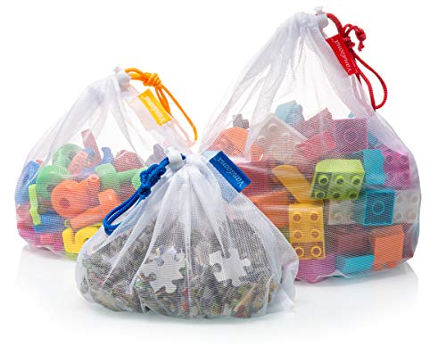 VANDOONA Toy Storage & Organization Mesh Bags Set of 12 See-Through Washable Mesh Bags & Color Coded Drawstrings. Playroom Organization, Baby Toys, Game Pieces, Toy Sets, Bathtub Toys. Size 12" x 14"