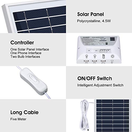 SUAOKI Solar Panel System Lights Kit, Upgraded Portable Home Solar Lights Outdoor Solar PoweredÂ Charger with Switch Controller, 2 LED Bulbs, 3 USB Ports for Indoor Outdoor Camping Garage Emergency