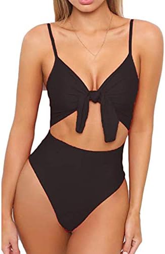KIMODO® Womens Swimwear Fashion Solid Spaghetti Strap V-Neck Backless Tie Knot Front Cutout High Waist Cut One Piece Swimsuit