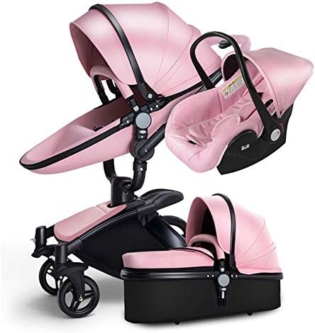 Luxury 3 in 1 Baby Stroller/Pram, PU Leather Pushchair+ Sleeping Basket + Car Seat, 360° Rotation, Bidirectional, Baby Trolley (Pink)