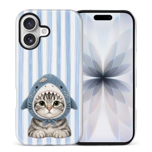 findhzkc Compatible with iPhone 17 Case,Hybrid Dual-Layer Shockproof Protection with Premium Feel-Blue Striped Shark Headgear Cats at Amazon