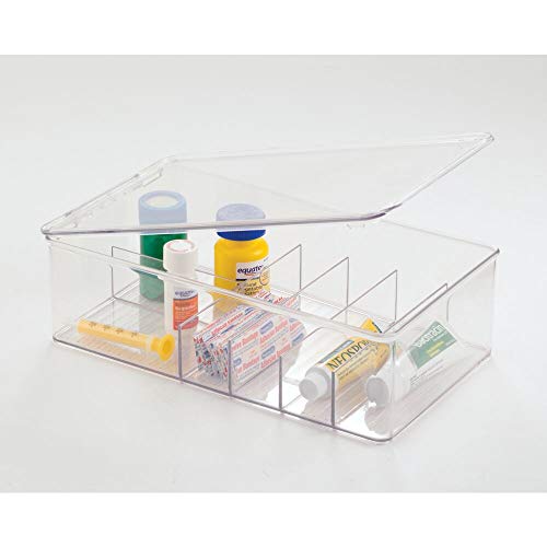 mDesign Stackable Plastic Storage Bin Box with Lid - Divided Organizer for Vitamins, Supplements, Serums, Essential Oils, Medicine Pill Bottles, Adhesive Bandages, First Aid Supplies - 4 Pack - Clear
