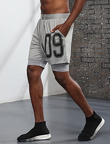 iWoo Men\'s 2 in 1 Workout Running Shorts Quick Dry Compression Shorts with Pockets Grey