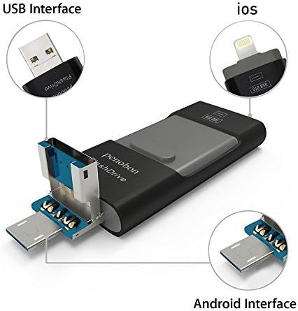 penobon For iPhone Flash Drives 32 GB 3 In 1 Jump Drive OTG USB Memory Sticks For iPhone USB Flash Drive For iPad Android Cellphones &amp; Computers Color Black Metal USB Stick