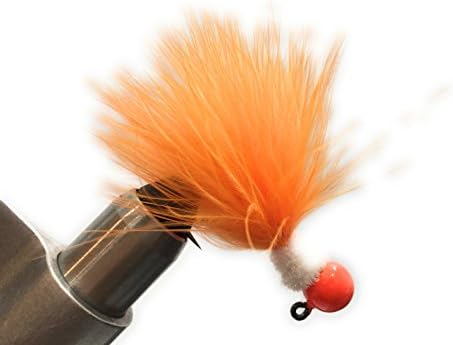 6 Pack Orange Head White Chenille Orange Marabou Jigs Salmon Steelhead 2x Black Chrome Forged Hook Hand Tied (1/8 oz Head #1 2x Forged Hook)
