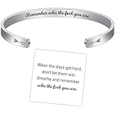 Q&D&S Gold plated Remember Who The F You Are Motivational Bracelet, Stainless Steel Engraved Inspirational Message Cuff Bangle,Don't Let The Hard Days Win Adjustable Bracelet for Women
