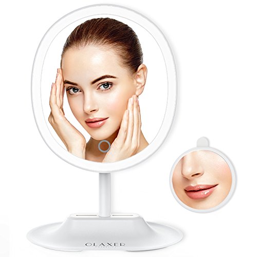 OLAXER LED Makeup Mirror with 1X / 5X Magnification, USB Rechargeable Oval Vanity Mirror Touchscreen Dimmable LED Light for Countertop Cosmetic Makeup, White