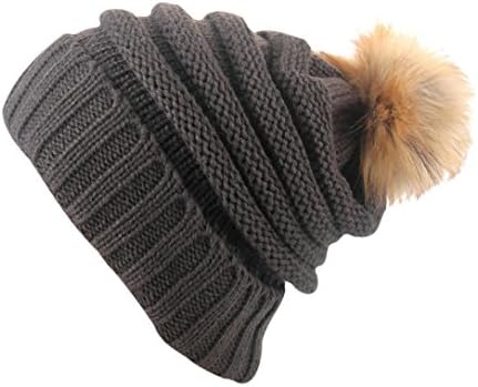 Caribbean Touch Women's Knit Slouchy Beanie Hat Fur Pom Pom Grey