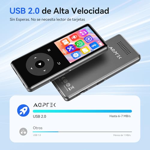 AGPTEK Reproductor MP3 Bluetooth 5.4, 1.8" Reproductor MP3 Metal Portátil, Altavoz Integrado y Radio FM, MP3 de Niños Botones Táctiles, Sin Memoria Interna, Externo hasta 128GB (0 GB)