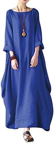 Bohistyle Women Summer Plus Size Striped Batwing Linen Cotton Loose Kaftan Casual Dress Blue XL