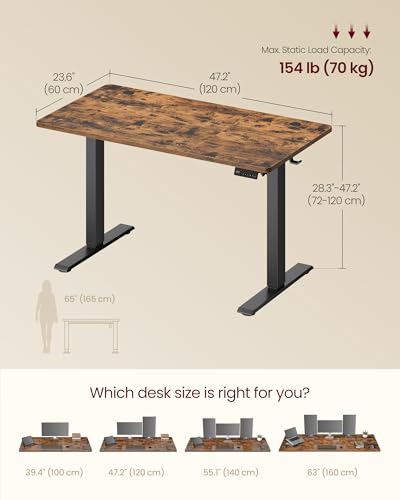 VASAGLE Electric Standing Desk, Height Adjustable Desk, Sedentary Reminder, 4 Memory Heights, for Home Office, 120 x 60 cm, Rustic Brown ULSD312KD02