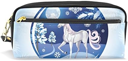 ColourLife Leather Zipper Pencil Case Pencil Holder Pouch Bag Makeup Cosmetic Bag Beautiful Snow Unicorn Globe