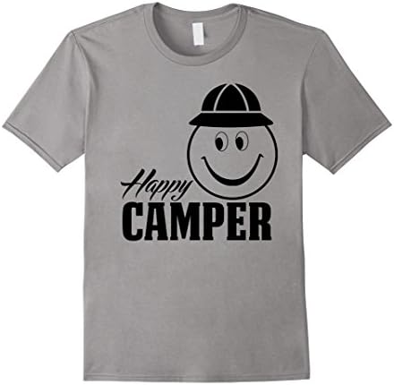 Men's Happy Camper T-Shirt -  Smiley With Bucket Hat Camping Tee Medium Slate