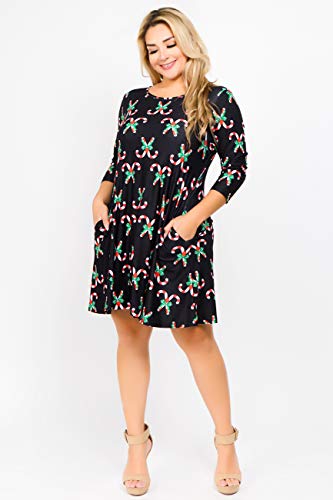 ICONOFLASH Plus Size Christmas Dresses with Pockets for Women 3/4 Sleeves Swing Holiday Party Dress Up Color Candy Cane Pattern, Size 3XLarge - Thumbnail 7