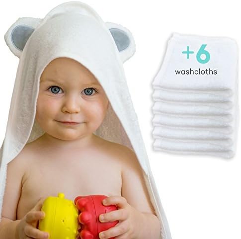 Bamboo Hooded Baby Towel and Washcloth 6-Pack Set by Humble Bee Baby | Premium, Extra Soft, Hypoallergenic and Highly Absorbent 30 x 30 Towel and 10 x 10 Washcloths | Sized for Infants and Toddlers