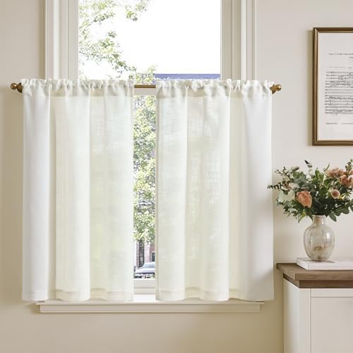 TOPICK Kitchen Curtains with Rod Pocket Bistro Rod Pocket for Living Room Translucent Modern Farmhouse Country Style with Tunnel Linen White Set of 2 65 x 90 cm