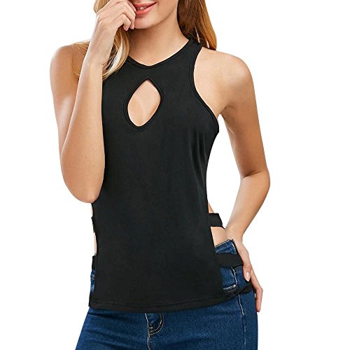 Nevera Women's Sexy Solid V-Neck Blouse Hollow Out Keyhole Cut Out Tank Top Camis (S, Black)