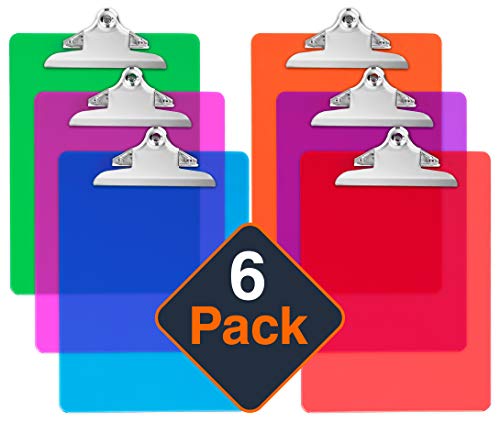 Plastic Clipboards (Set of 6) Multi Pack Assorted Colored Clipboard | Strong 12.5 x 9 Inch | Holds 100 Sheets! Acrylic Clipboards Big Clip Board Clips