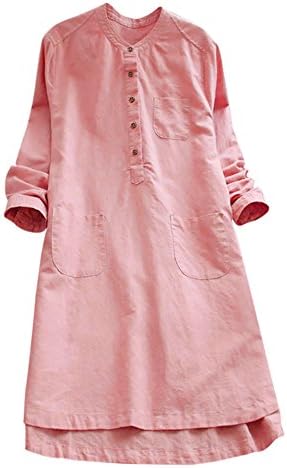 Kalinyer Women Loose Linen Dresses, Ladies Retro Long Sleeve Casual Round Collar Button Tunics Tops Blouse Shirt Dress