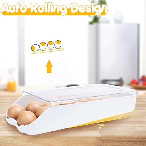 HANSGO Egg Holder for Refrigerator, Automatic Rolling Egg Dispenser Egg Storage Box with Lid 14 Count Egg Organizer for Kitchen Refrigerator