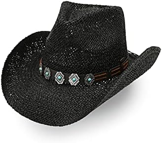 Black Woven Straw Cowboy Hat with Heart Accent Black Heart Buckle Western Trendy Cowgirl Hat – Cindy Jane  main image 2