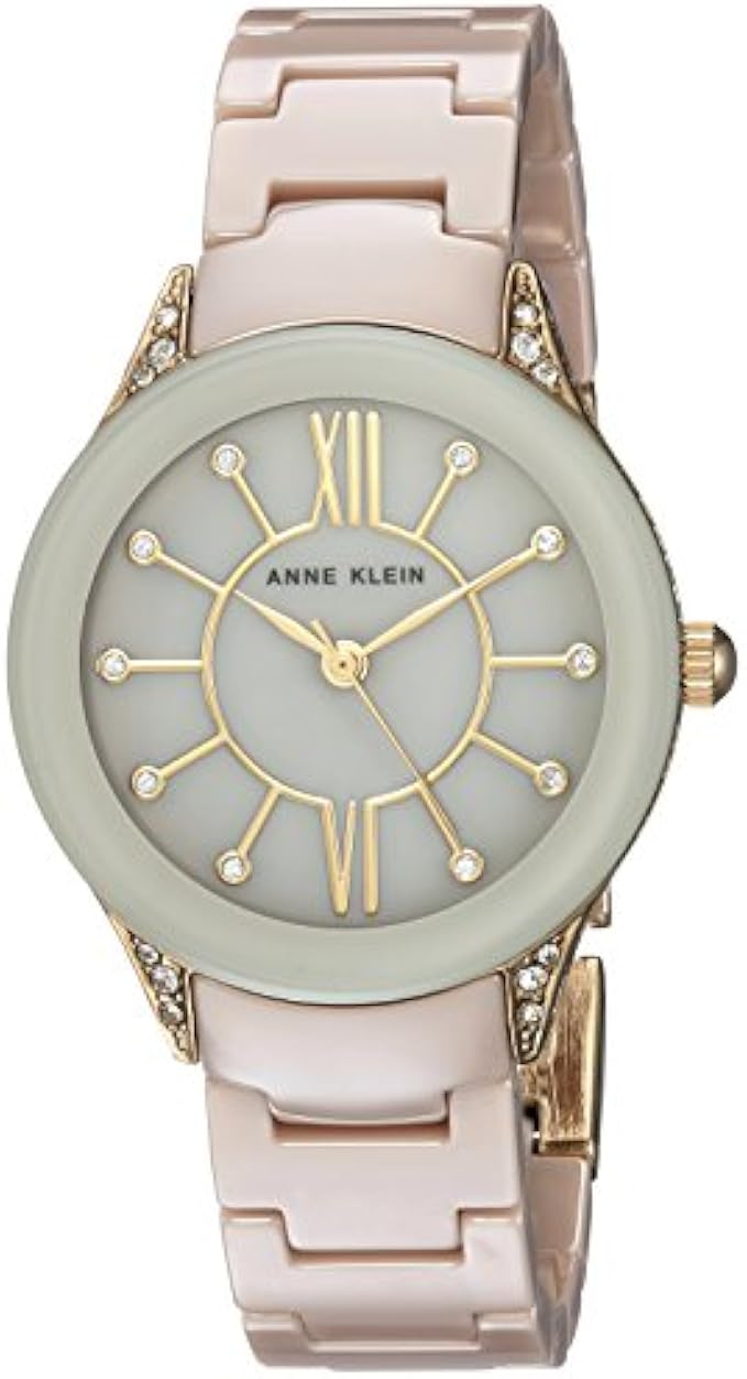 Anne Klein Women's AK/2388TNGB Swarovski Crystal Accented Gold-Tone and Tan Ceramic Bracelet Watch