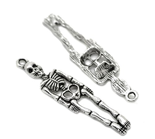 Housweety 50PCs Silver Tone Skeleton Body Skull Charm Pendants 39x9mm(1 4/8"x3/8")