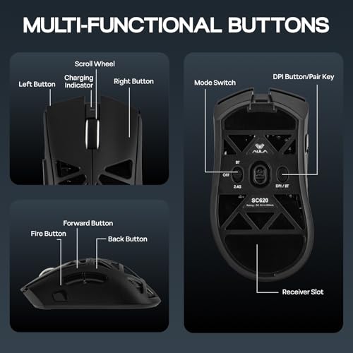 MechLands AULA SC620 Gaming Mouse, 2.4G/USB-C/BT Wireless Mouse with 400mAh Battery, Adjustable 12,000 DPI & 1000 Polling Rate, PAW3311 Sensor, RGB Lighting, Programmable Buttons, for Win/Mac (Black)