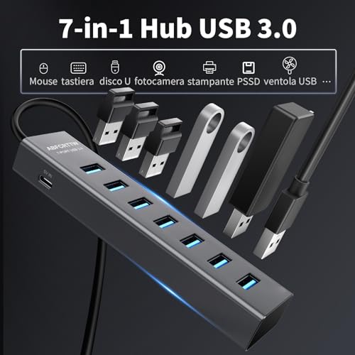 7 Ports USB 3.0 Hub with 120 cm Cable for Desktop, Aluminium USB Hub Multisocket USB Splitter with USB 3.0 5Gbps, 5 V 3A USB-C Powered for PC, Laptop, MacBook, U-Disk, Mouse, Keyboard, etc.