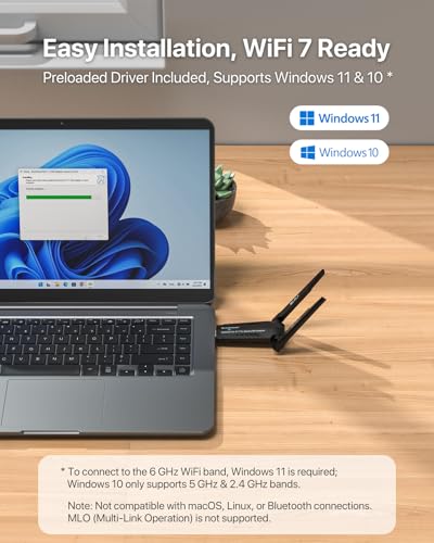 BrosTrend BE6500 Wi-Fi 7 USB WiFi Dongle, Long Range USB WiFi Adapter for PC Desktop Laptop, Tri-Band 6GHz 2882Mbps + 5GHz 2882Mbps + 2.4G 688Mbps, USB3.0 Wireless Dongle for Windows 11/10 WPA3 4K-QAM