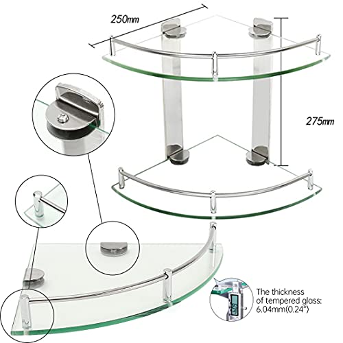 Bathroom Shelves,2 Tier Glass Shelves Wall Mounted with Stainless Steel Bracket,Corner Shower Shelf to Hold Seasoning Bottle/Liquid Soap/Shampoo Bottle(Radius: 9.8\'\')