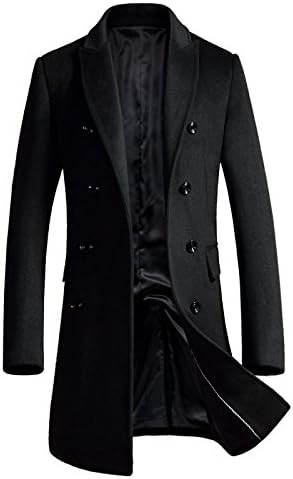 Men's Premium Wool Blend Double Breasted Long Pea Coat (US S(tag Asia L), Black)