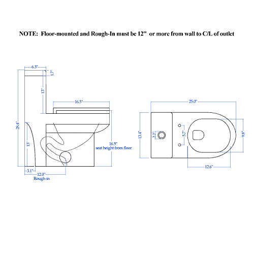 HOROW HWMT-8733A Small Toilet 25" Long x 13.4" Wide x 28.4" High One Piece Short Compact Bathroom Tiny Mini Commode Water Closet Dual Flush Concealed Trapway
