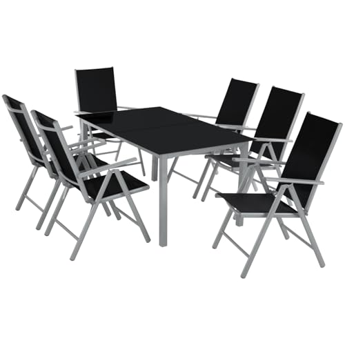 tectake® Sitzgarnitur Aluminium Klappstühle, Lounge Set mit 6X Stühle und 1x Glastisch Esstisch, Gartenmöbel Set wetterfest für den Balkon, Gartenstüh