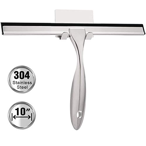 TopCharm Stainless Steel Shower Squeegee for Shower Doors, All Purpose Shower Squeegee 10 Inch for Mirror Car Glass Window Bathroom Squeegee for Shower with Hook and 6.8Inch Longer Handle