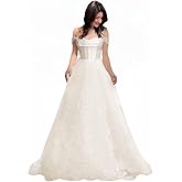 Off Shoulder Lace Applique Wedding Dress for Bride Strapless A-Line Satin Pleated Tulle Bridal Ball Gown with Corset